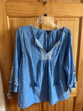 Talbots Blue Embroidered Tassel Peasant Blouse